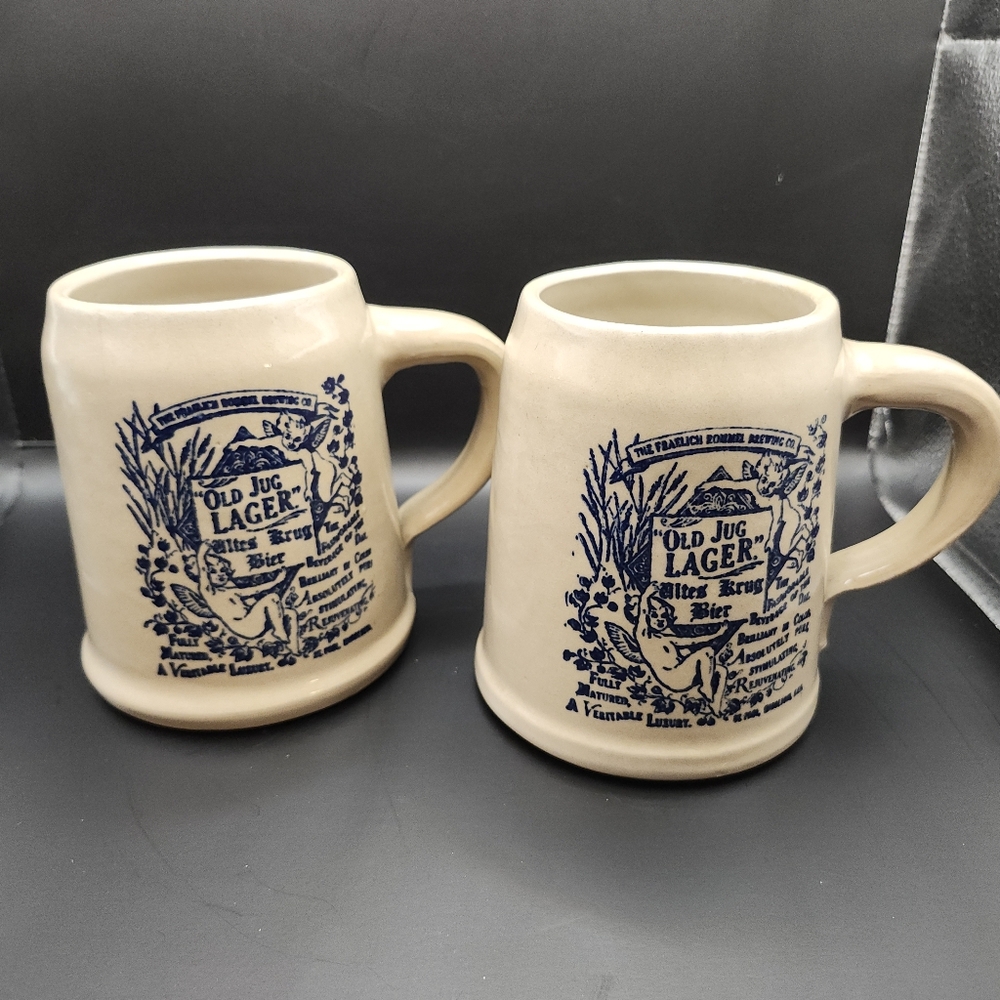 FRAELICH ROMMEL BREWING CO. Old Jug Lager Pottery Stein Vtg. 20 Oz Mug. Set Of 2